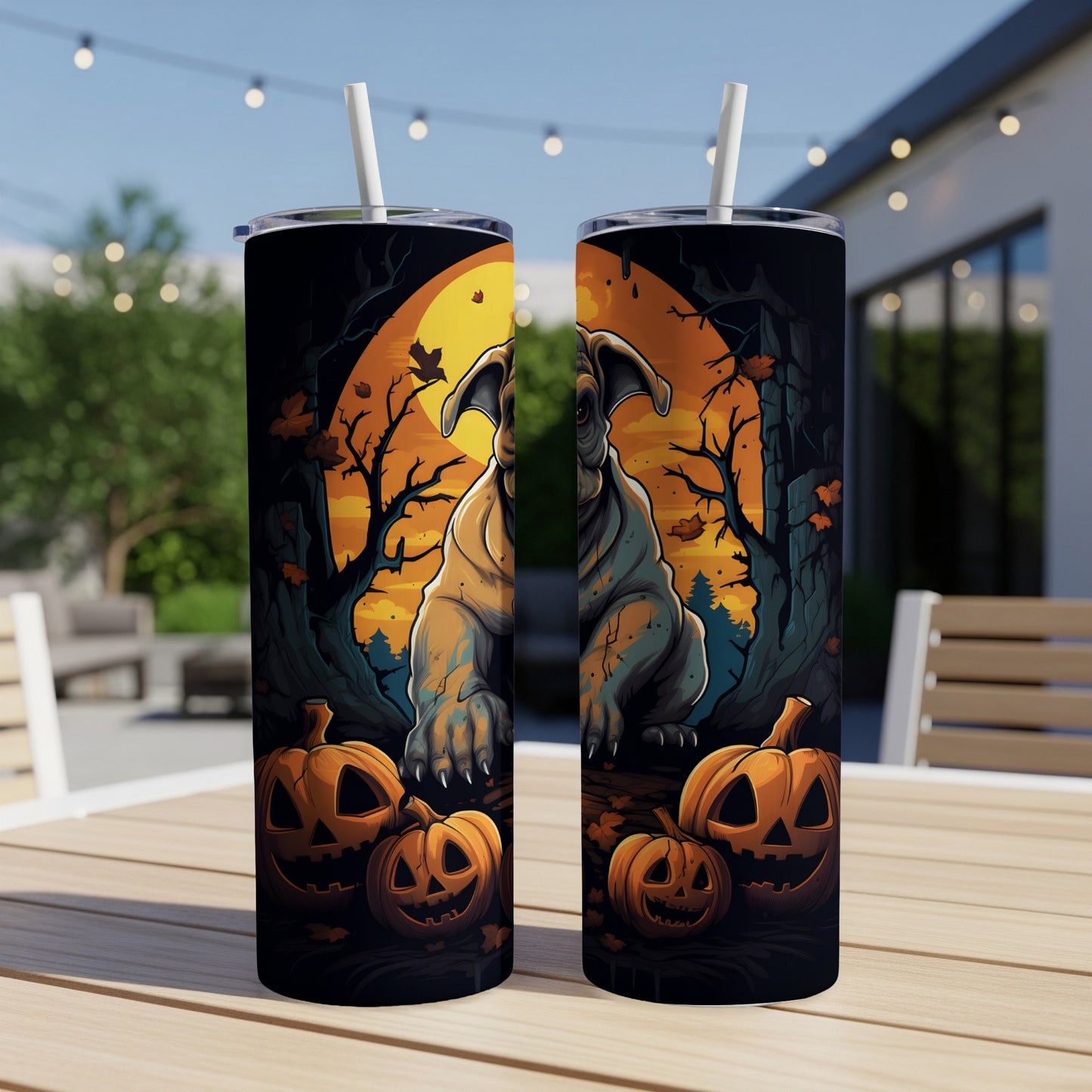 Halloween tumblers feature a dog and pumpkins against a moonlit, spooky forest background.