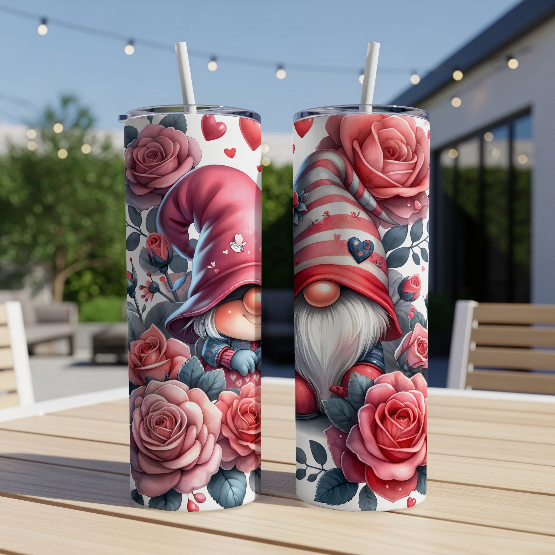 Valentine's Day gnome with roses and stripes on tumbler.