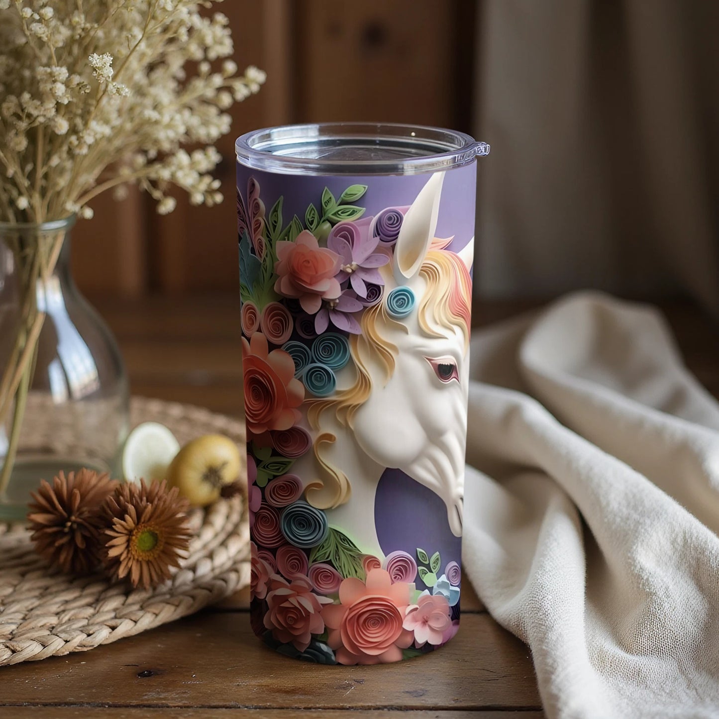 Vibrant Floral Unicorn Tumbler with Lid - 20 oz