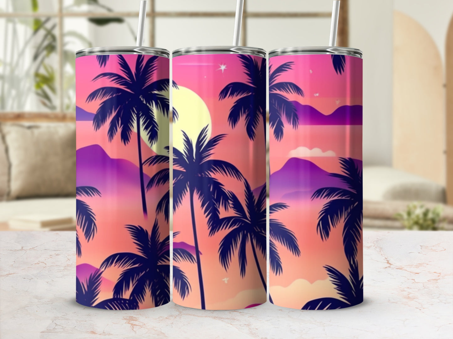 Tall tumbler with sunset palm trees and mountains design.