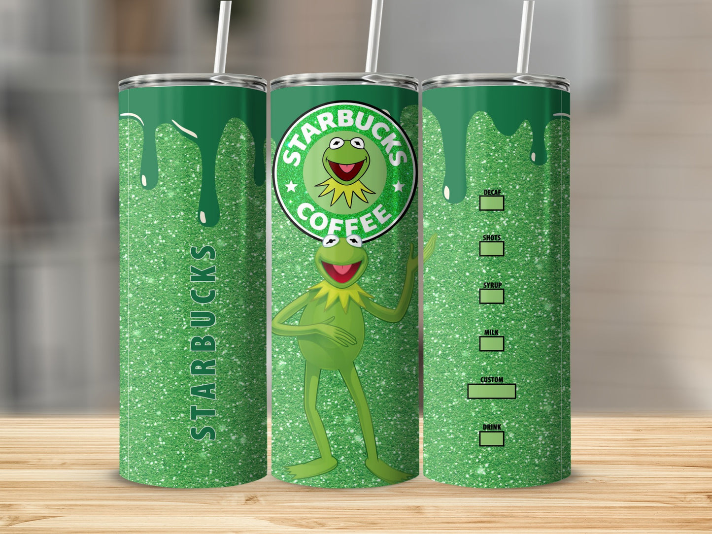 Green Glitter Kermit the Frog Starbucks Tumbler Cup