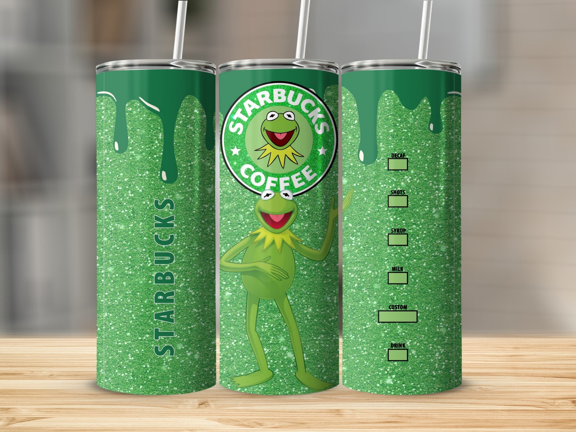 Green Glitter Kermit the Frog Starbucks Tumbler Cup