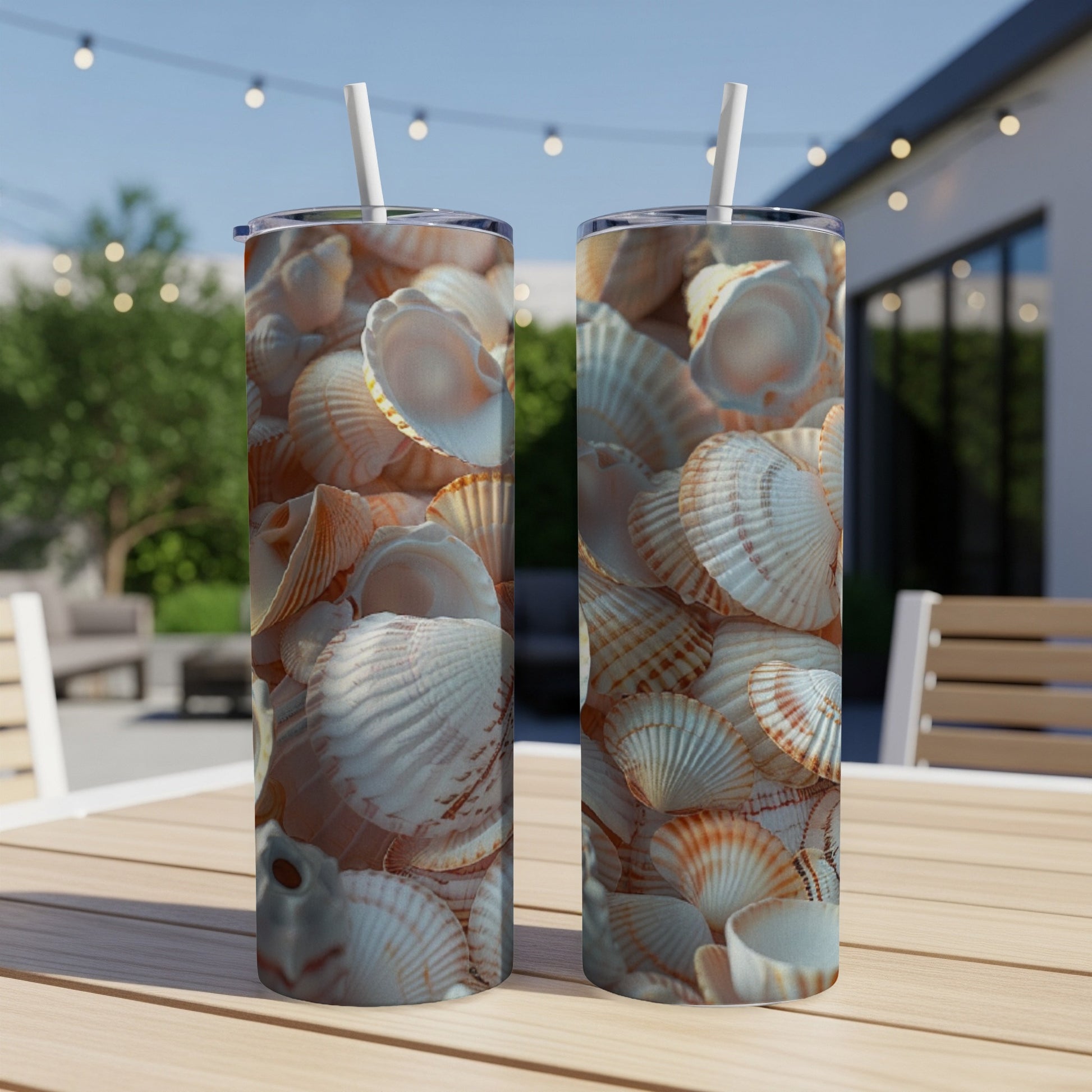 Two tumblers overflowing with small, light-colored seashells.