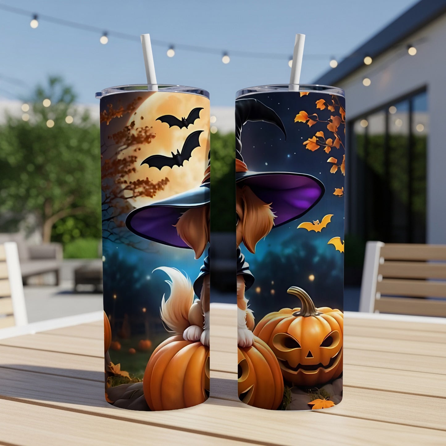 Two Halloween-themed tumblers featuring a dog in a witch hat with pumpkins and bats.