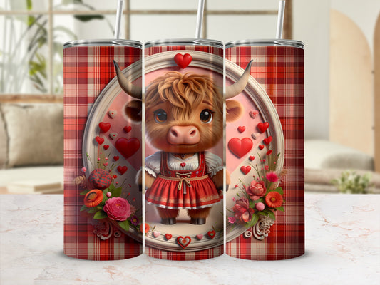 Cute cow in red dress with heart accents on a plaid background.