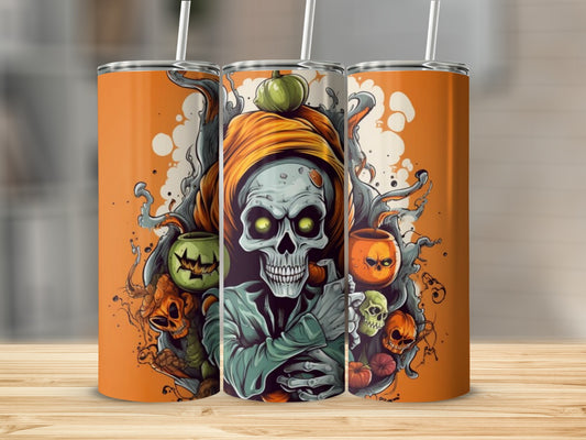 Three tumblers with Halloween skeleton and pumpkin designs.