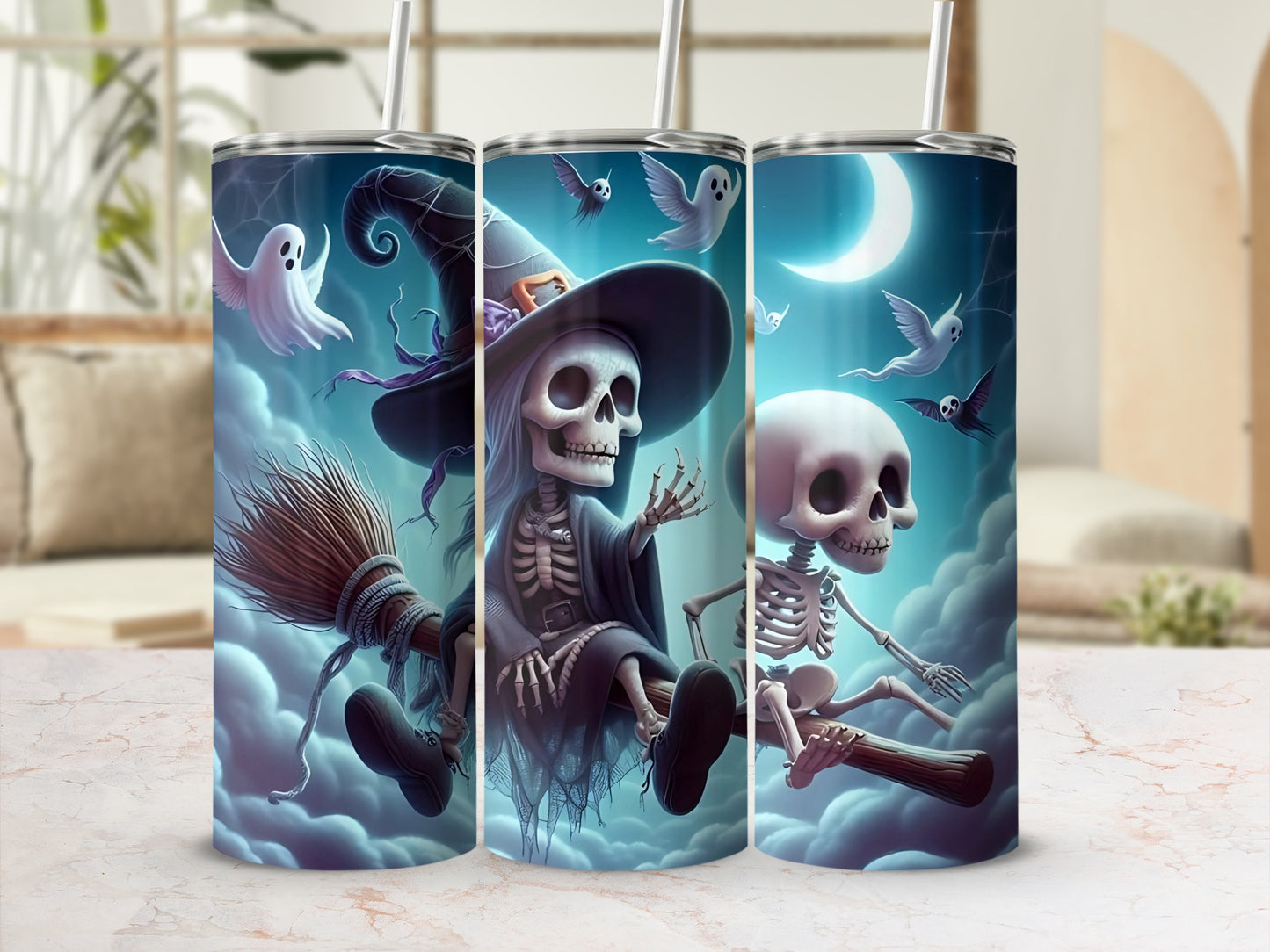 Three tumblers with Halloween skeletons, witch hat, broom, and ghosts against a night sky.