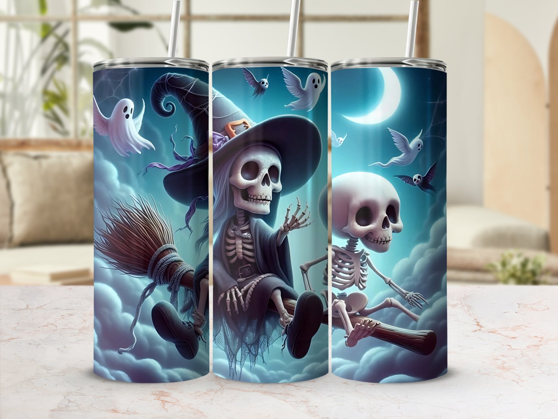 Three tumblers with Halloween skeletons, witch hat, broom, and ghosts against a night sky.