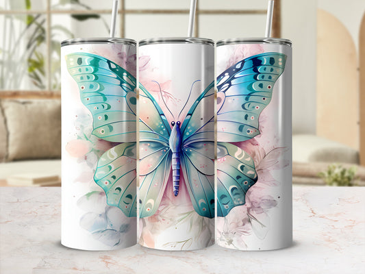 Three tumblers with a watercolor butterfly design.