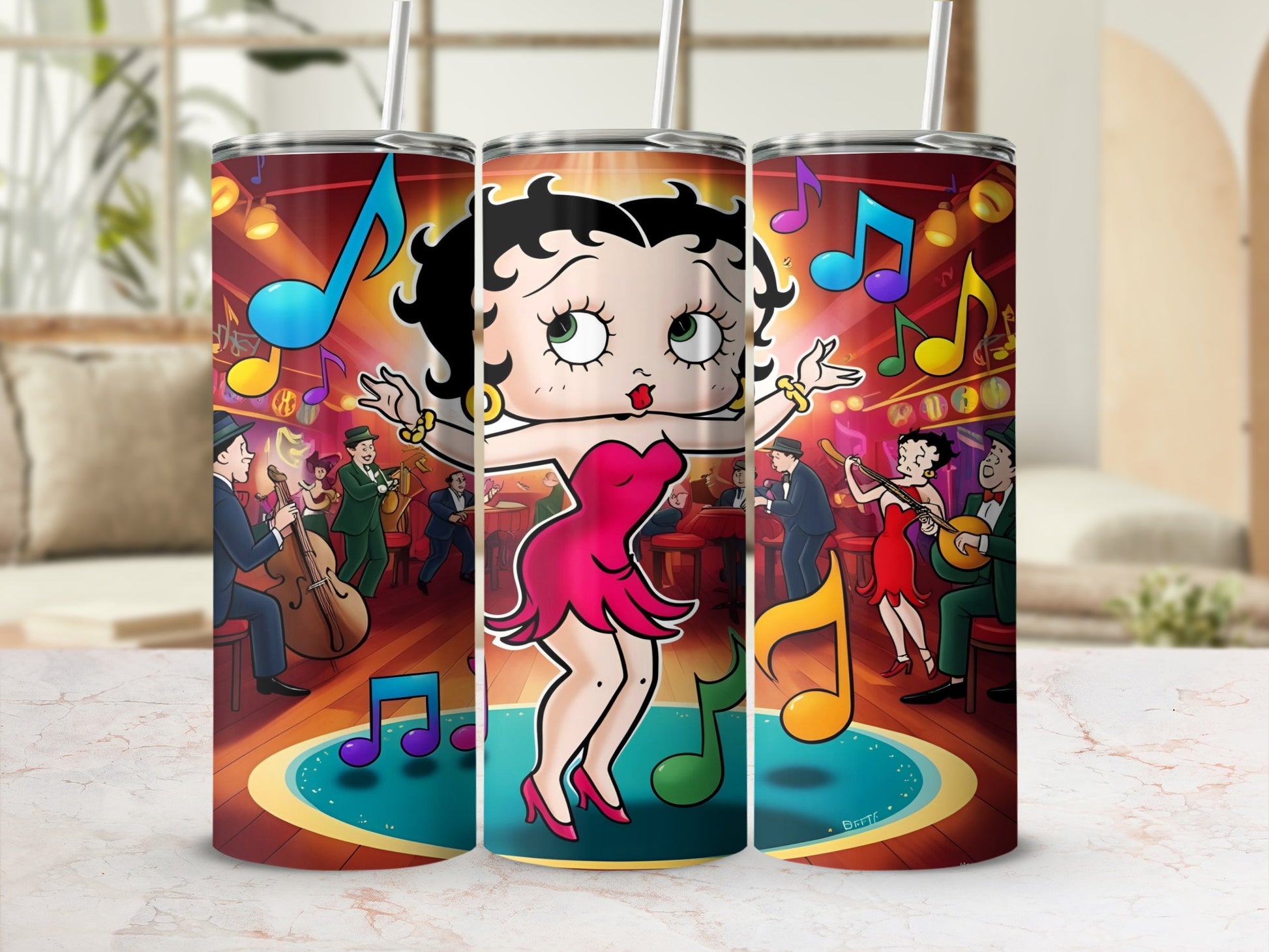 Betty Boop dancing with musical notes, saxophone, and a band in the background.