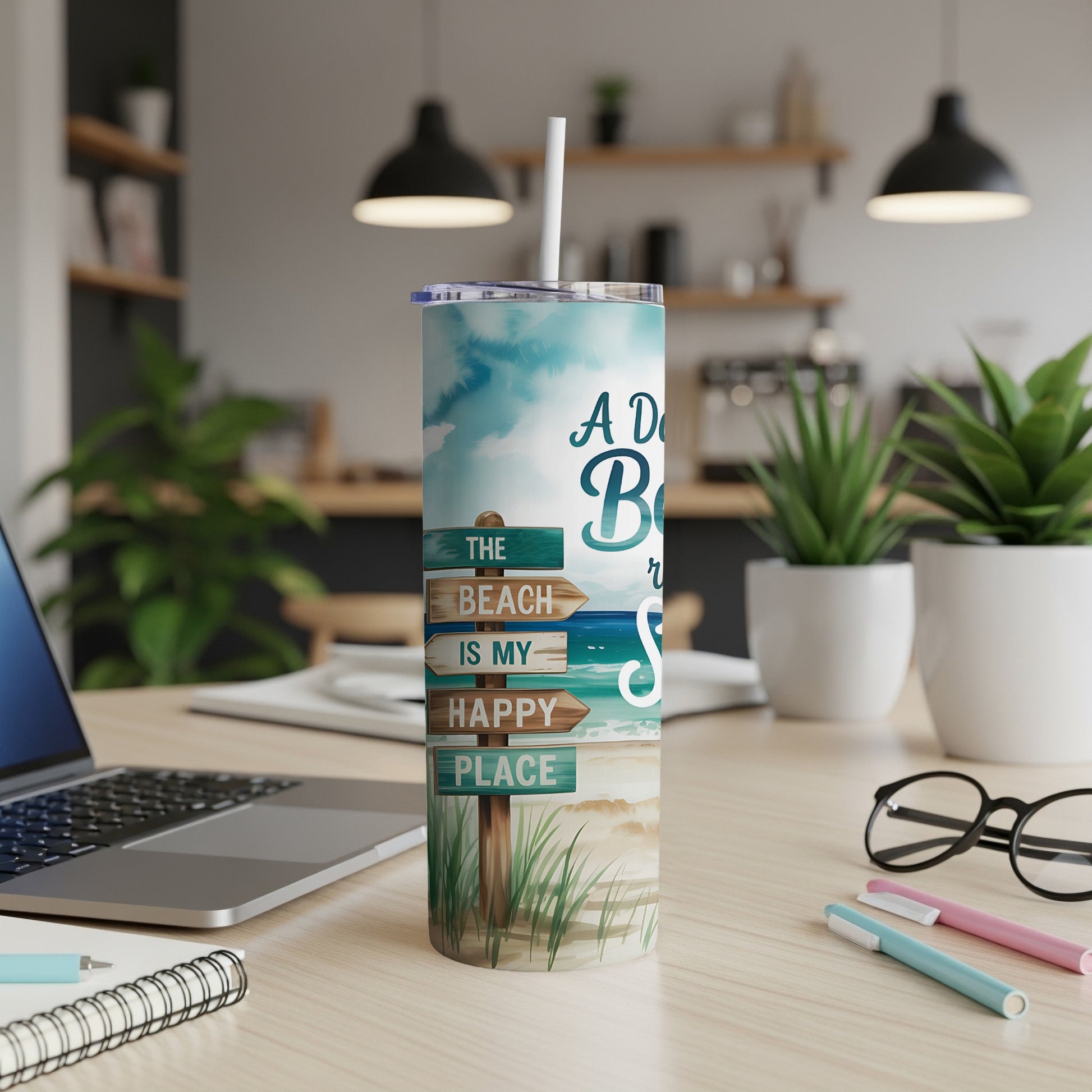 Beach-themed tumbler with signs reading "The Beach is My Happy Place".