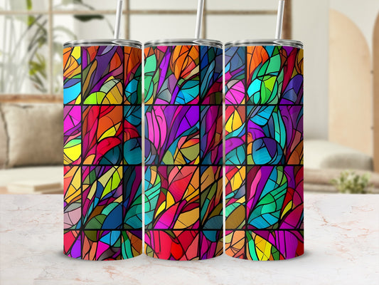 Three tumblers with a colorful stained glass mosaic pattern.