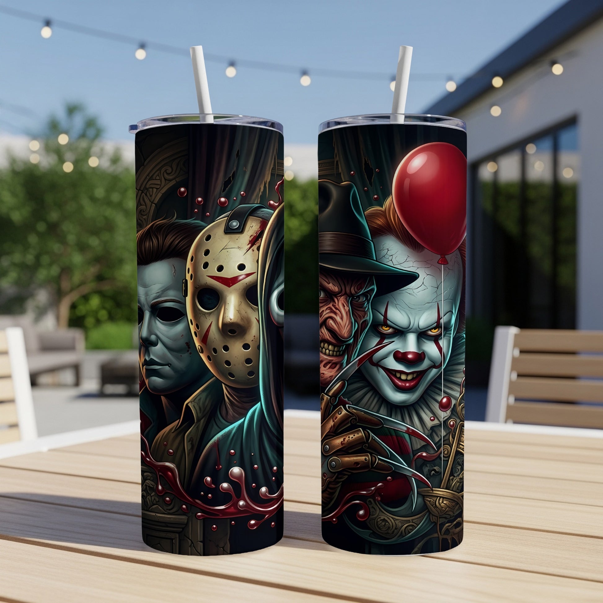 Two tumblers featuring horror villains: Michael Myers, Jason Voorhees, Freddy Krueger, and Pennywise.