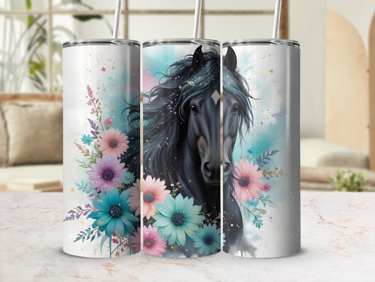Black horse with floral accents on a white tumbler.