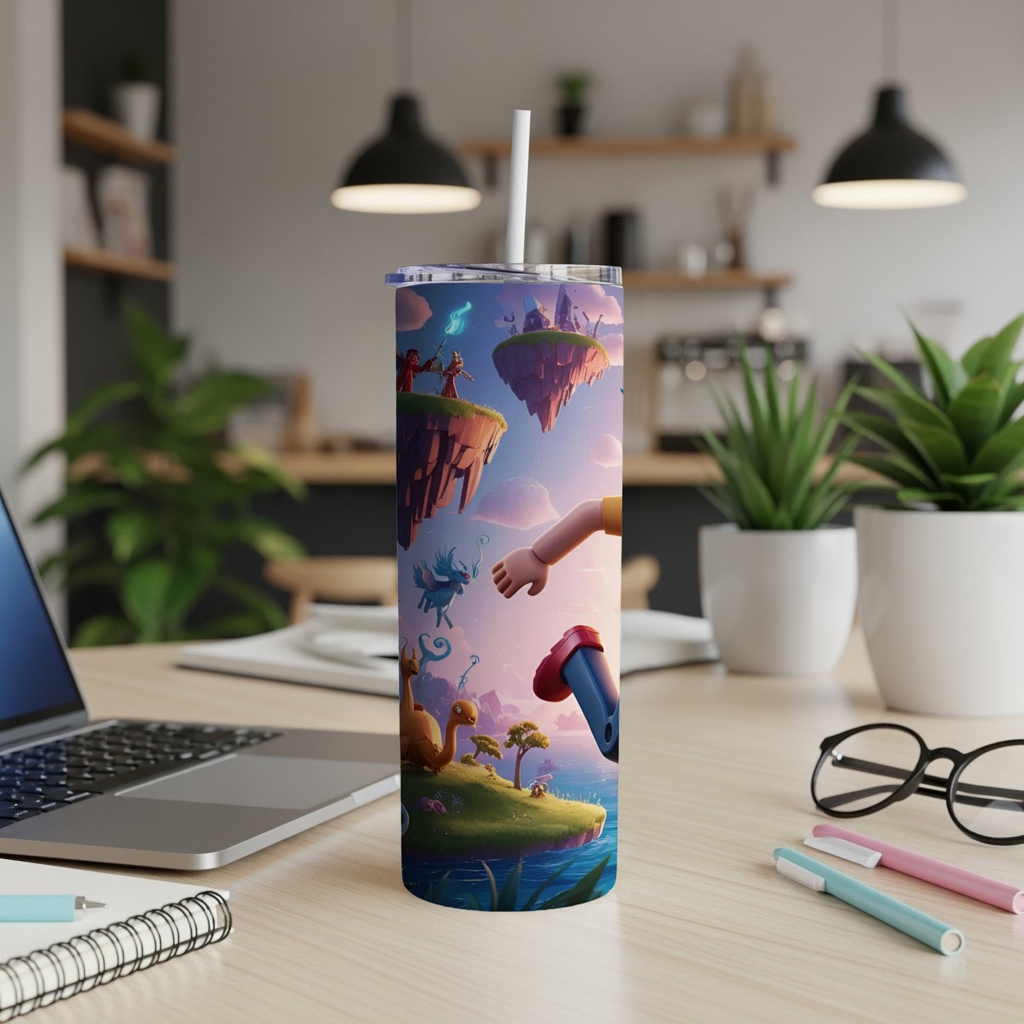 Floating islands with fantasy creatures and a hand reaching out, on a tumbler.