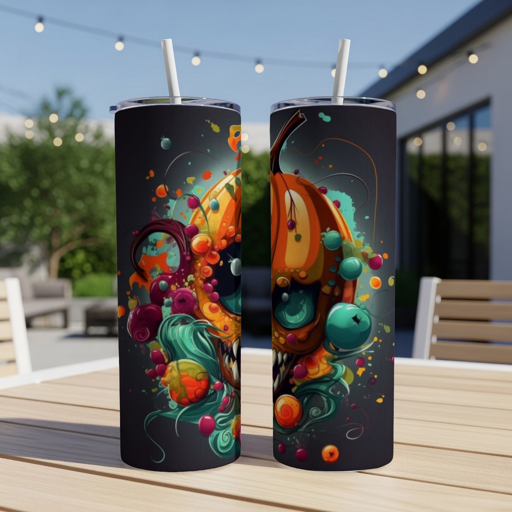 Two tumblers with a colorful, abstract Halloween-themed design.