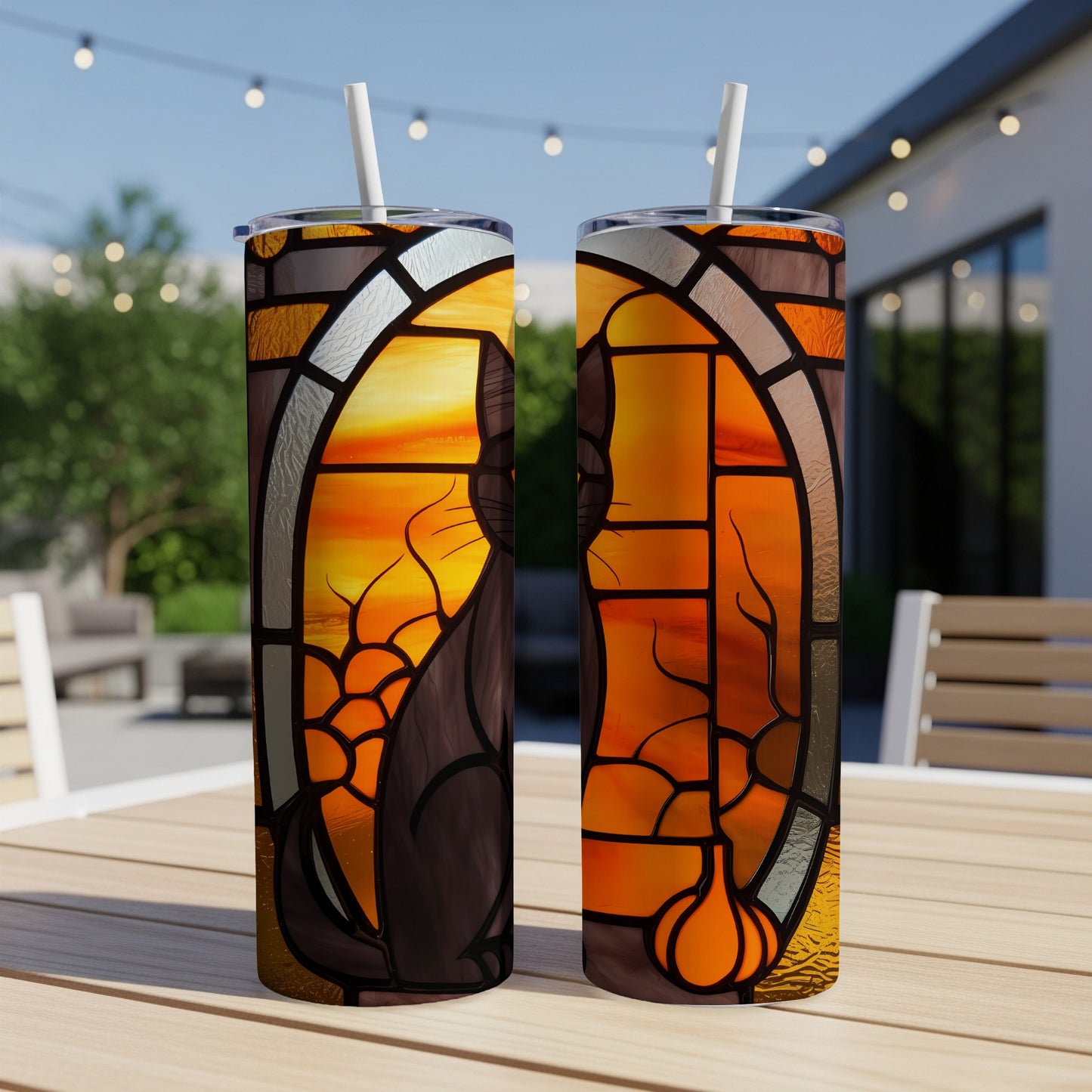 Stained glass tumbler with black cat and pumpkin design.