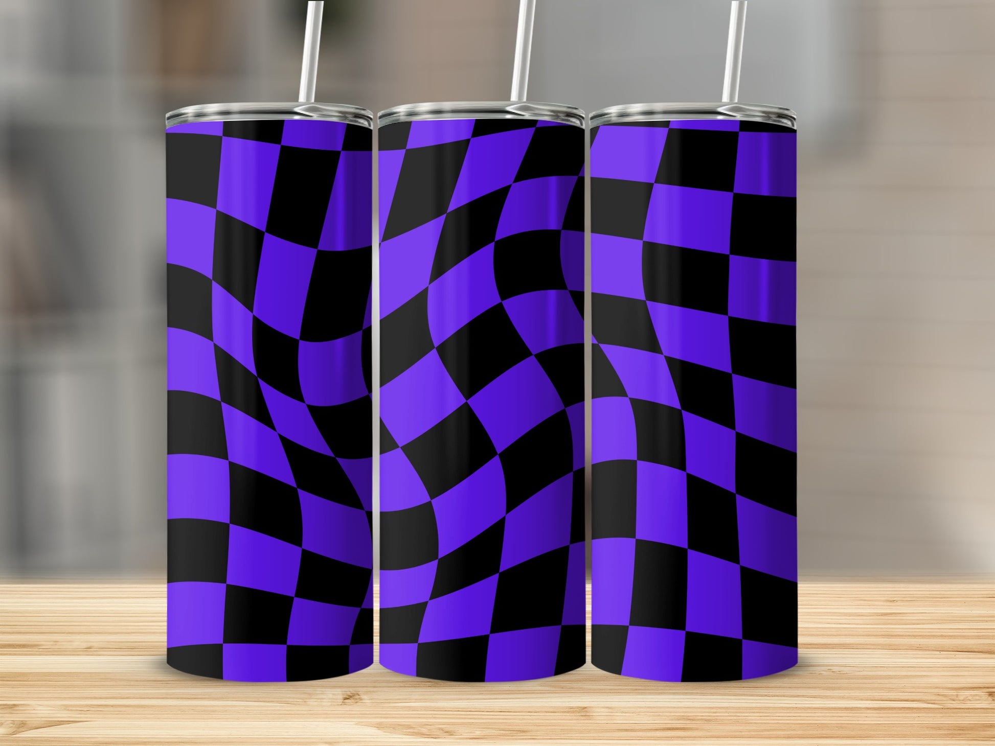 Three tumblers with a warped purple and black checkerboard pattern.