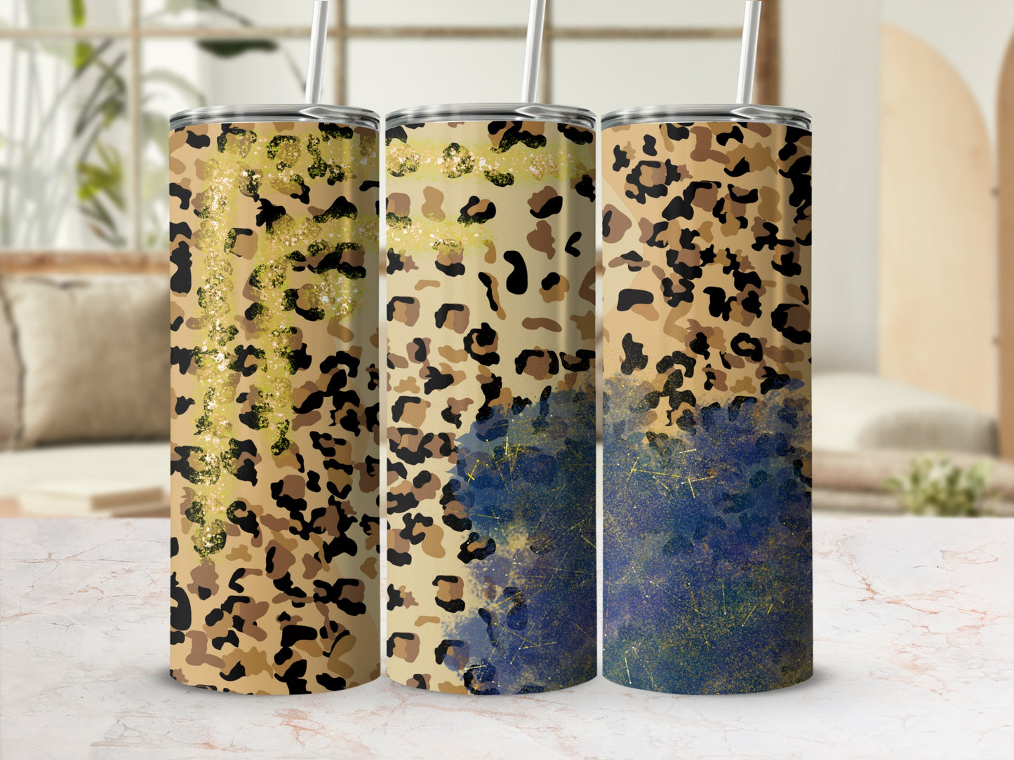 Glittery Leopard and Blue Ombre Stainless Steel Tumbler