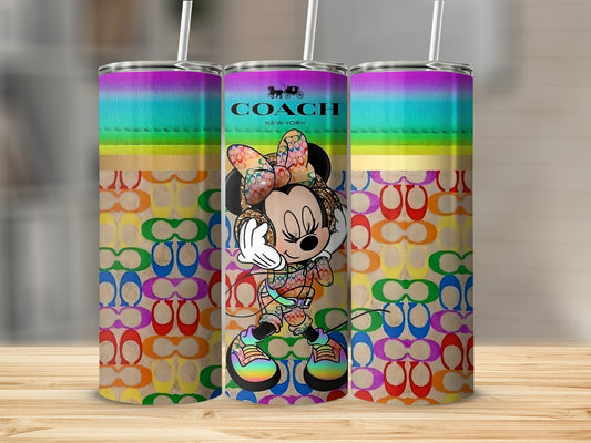 Vibrant Rainbow Coach Minnie Mouse Tumbler Design