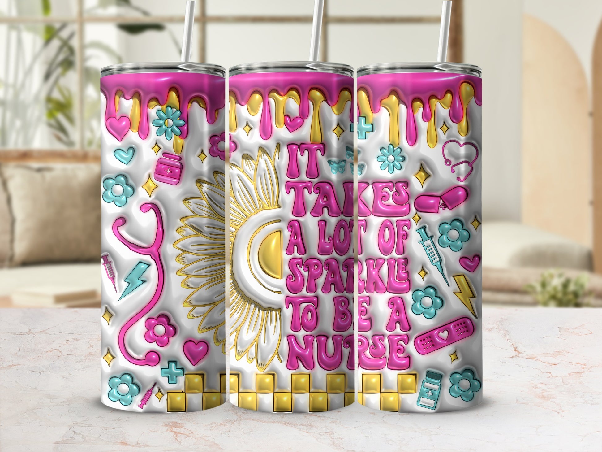 Triptych of nurse-themed tumblers with sunflower, stethoscope, and text.