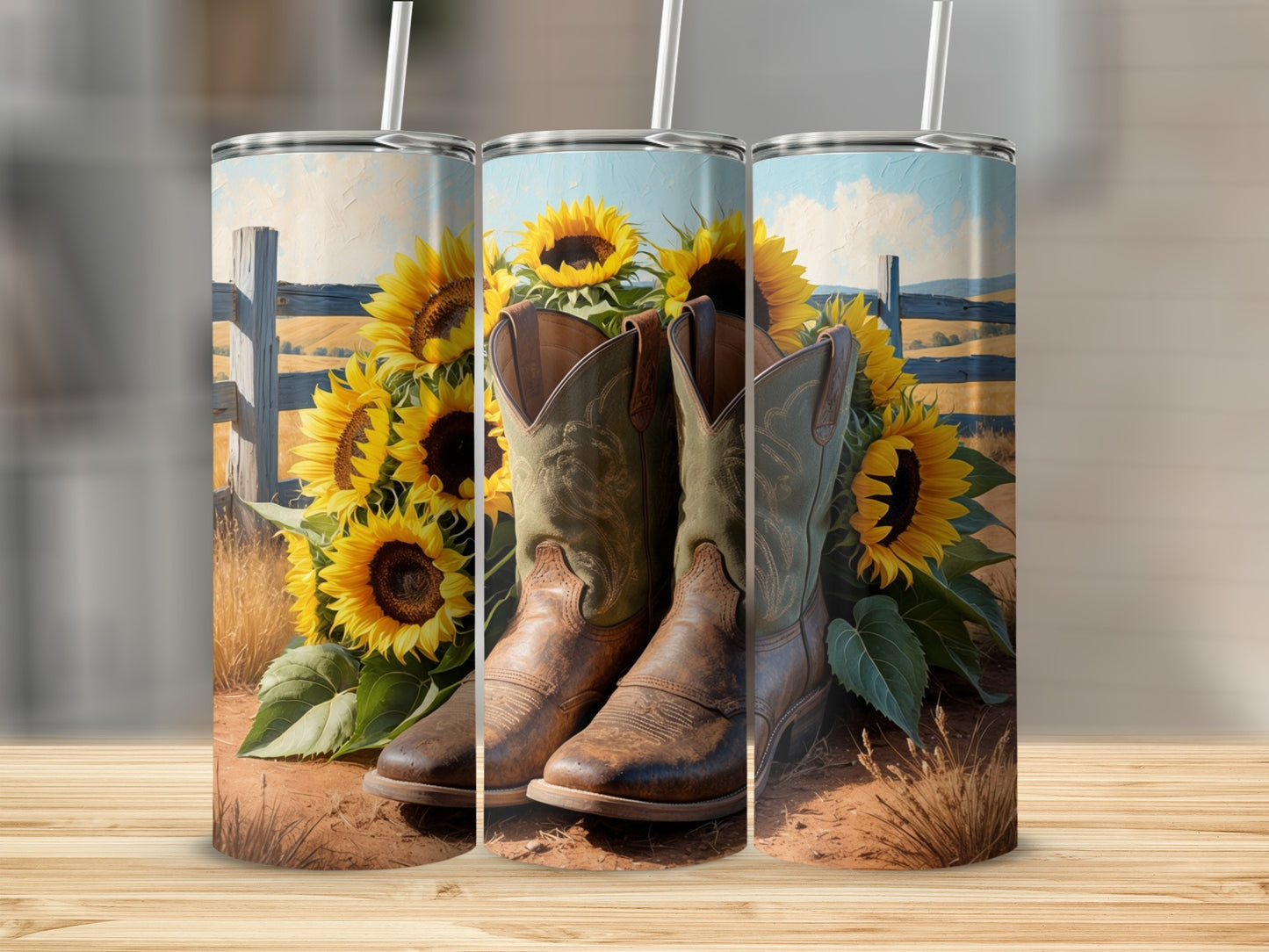 Cowboy boots and sunflowers in front of a wooden fence.