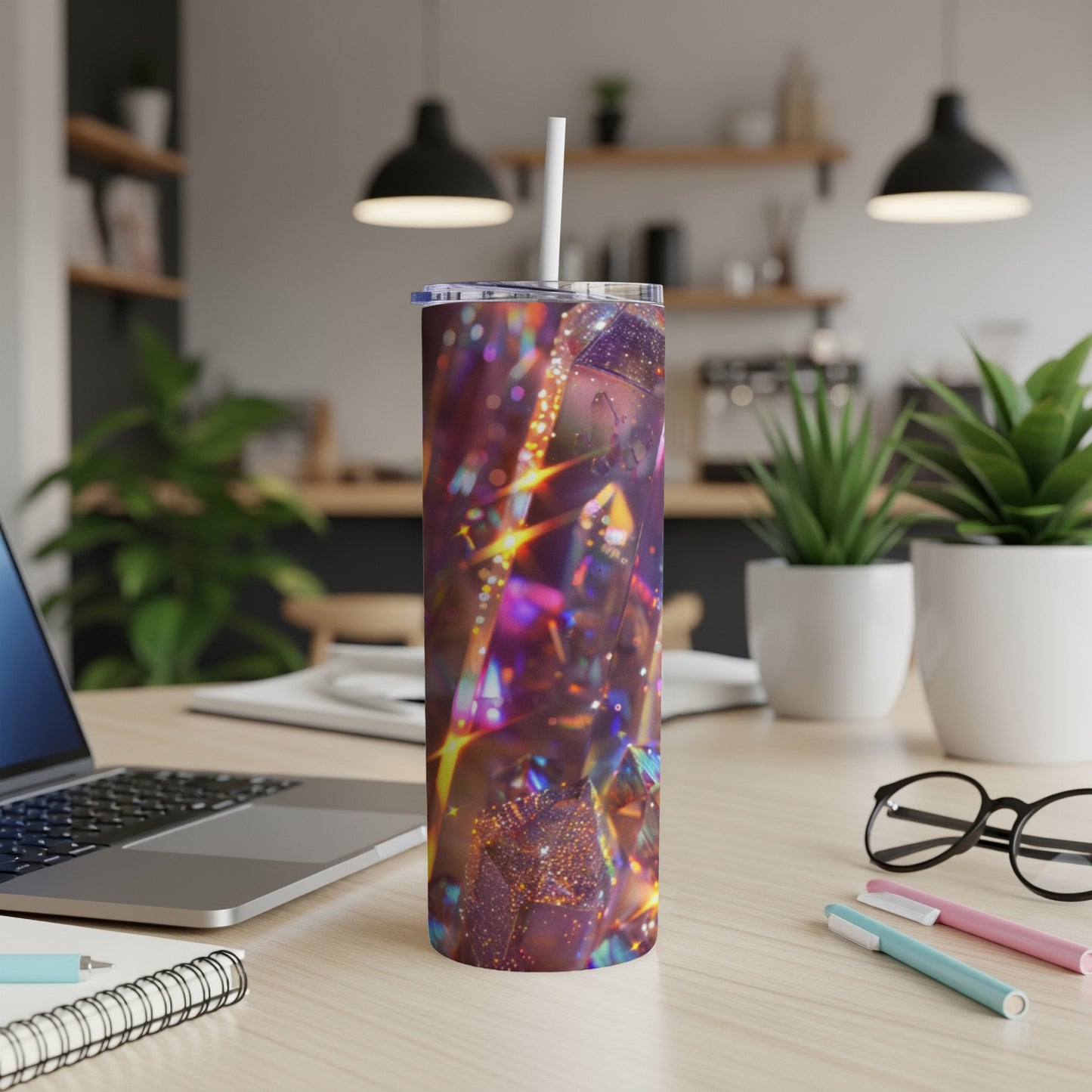 Glittery purple tumbler with straw on a desk with laptop and pens.