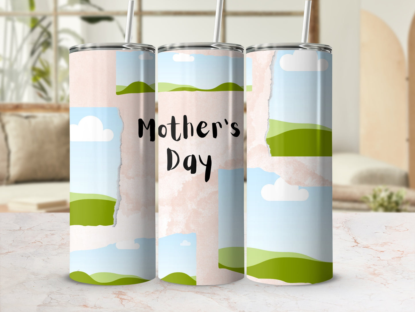 Three tumblers with "Mother's Day" text and a torn paper collage design.