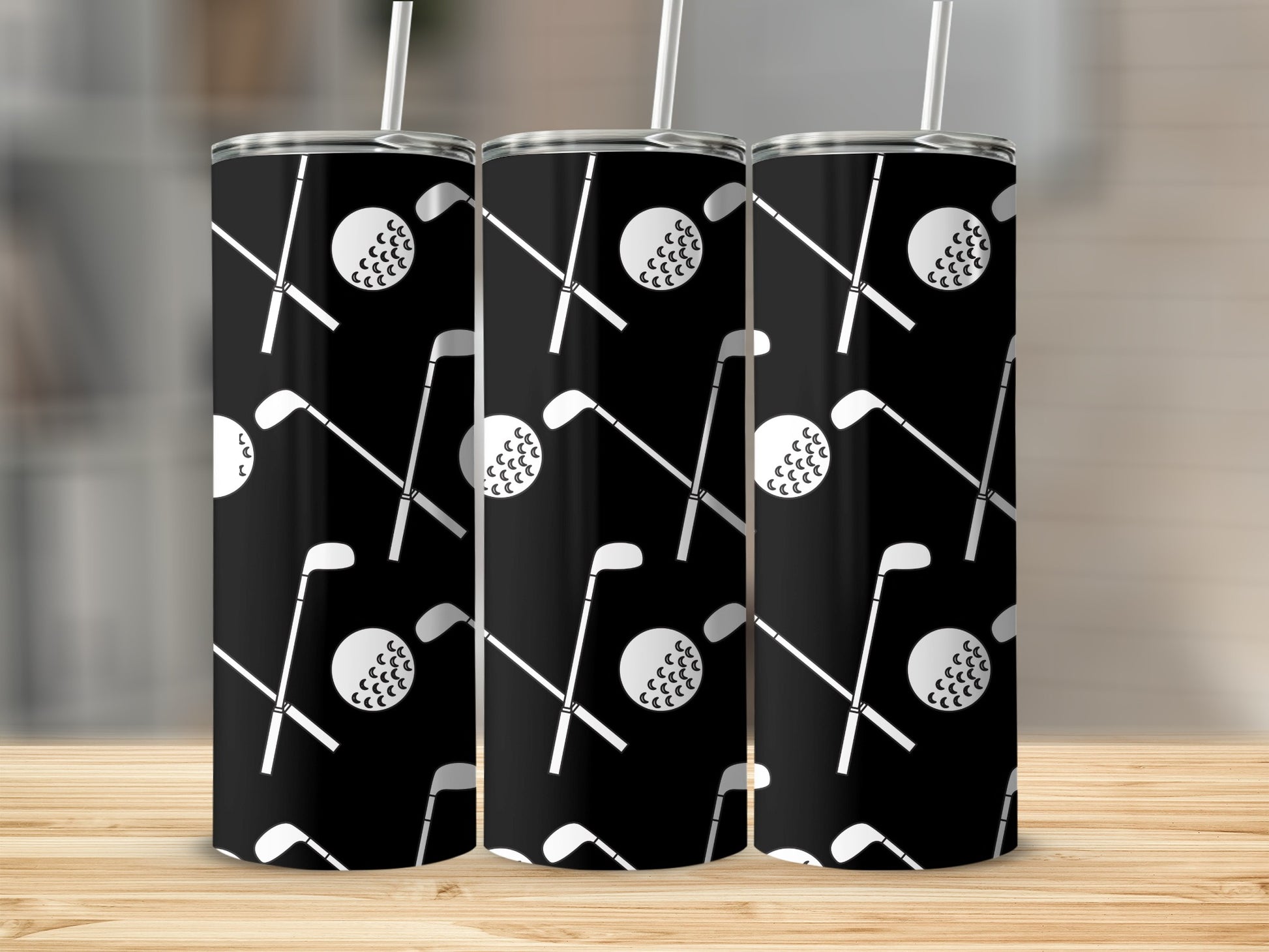 Black and White Golf Club and Ball Pattern Tumbler