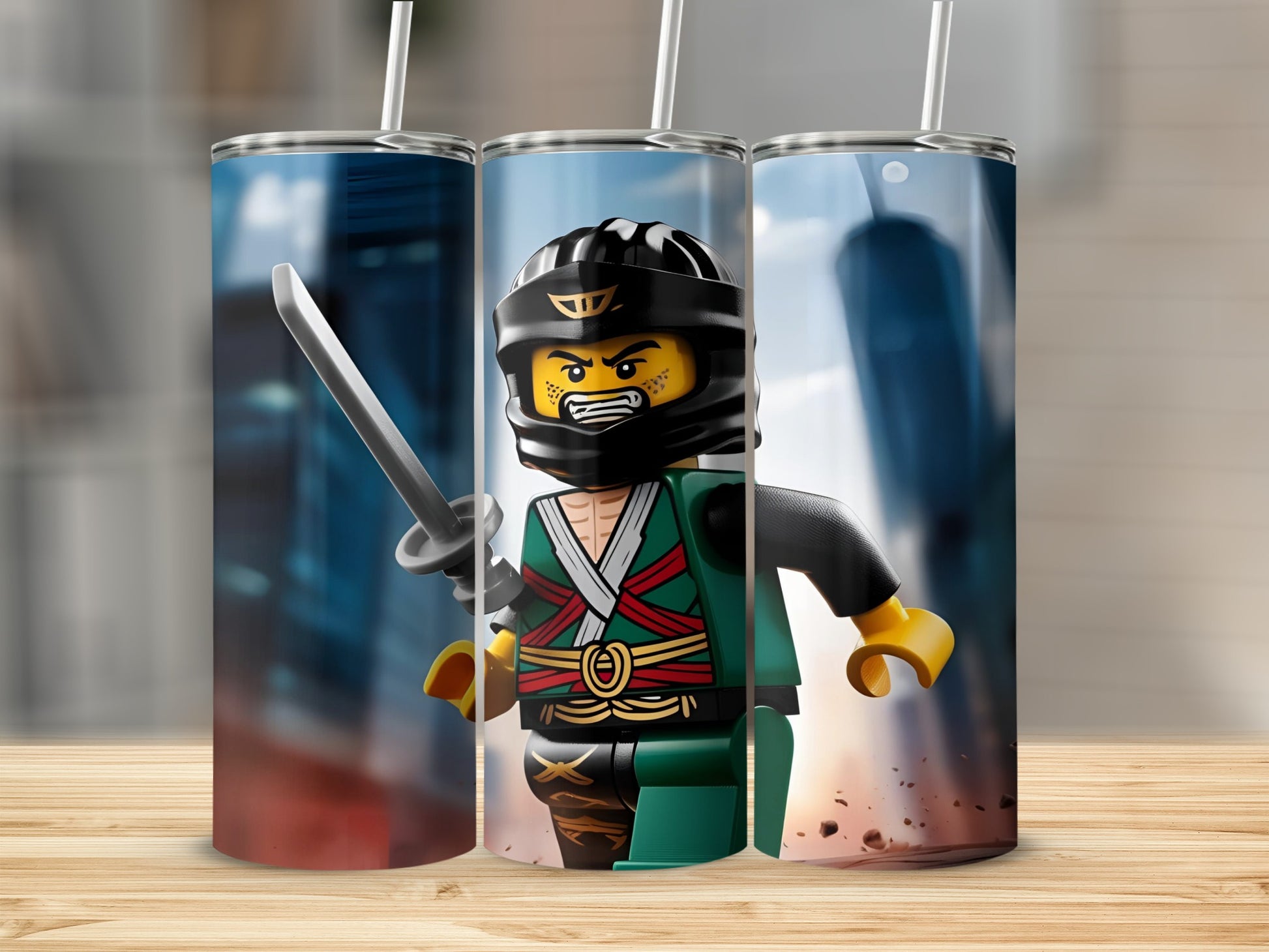 Ninja Lego character with sword on cityscape tumbler.
