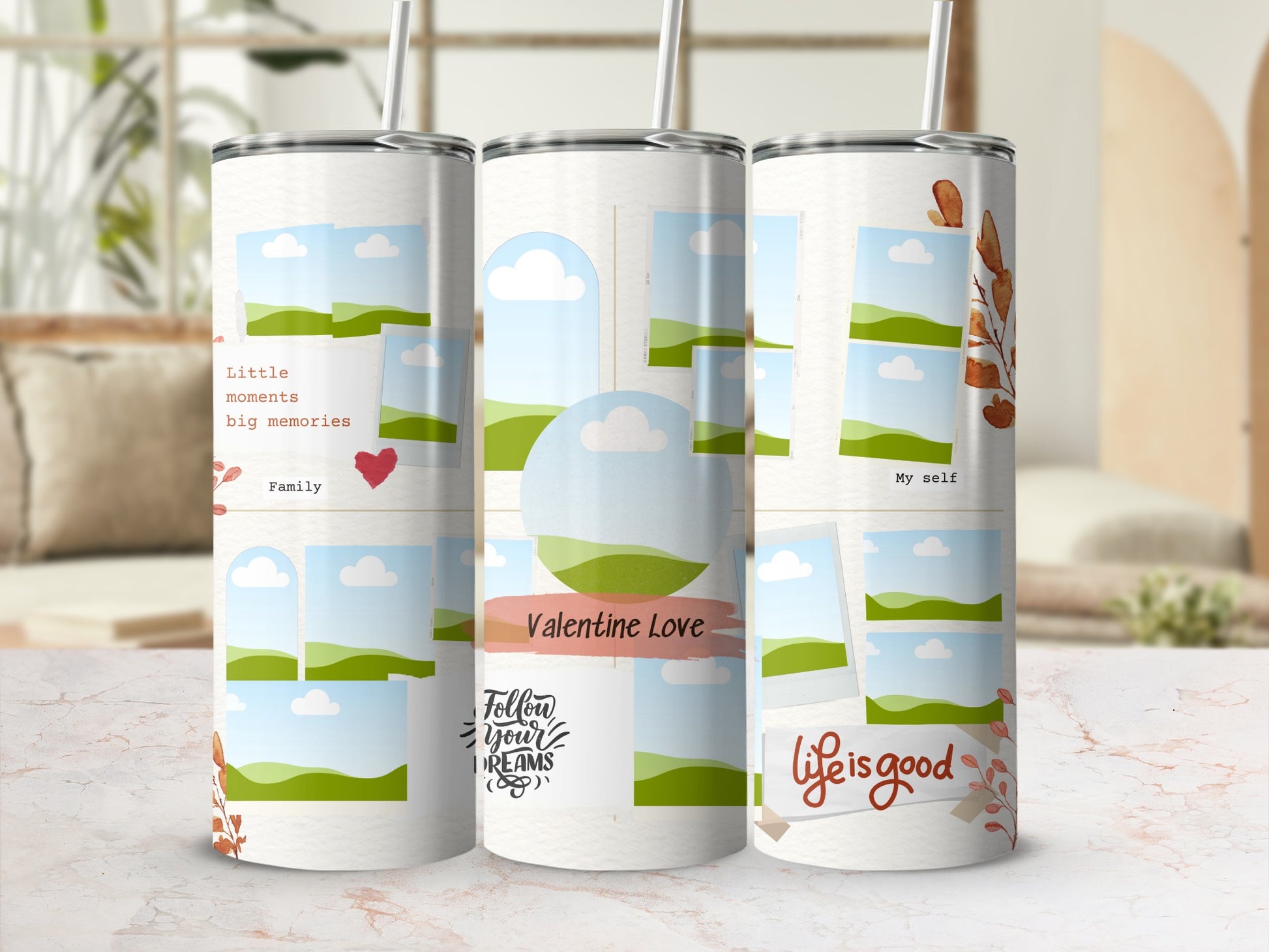 Three tumblers with photo collage designs, featuring text and nature elements.