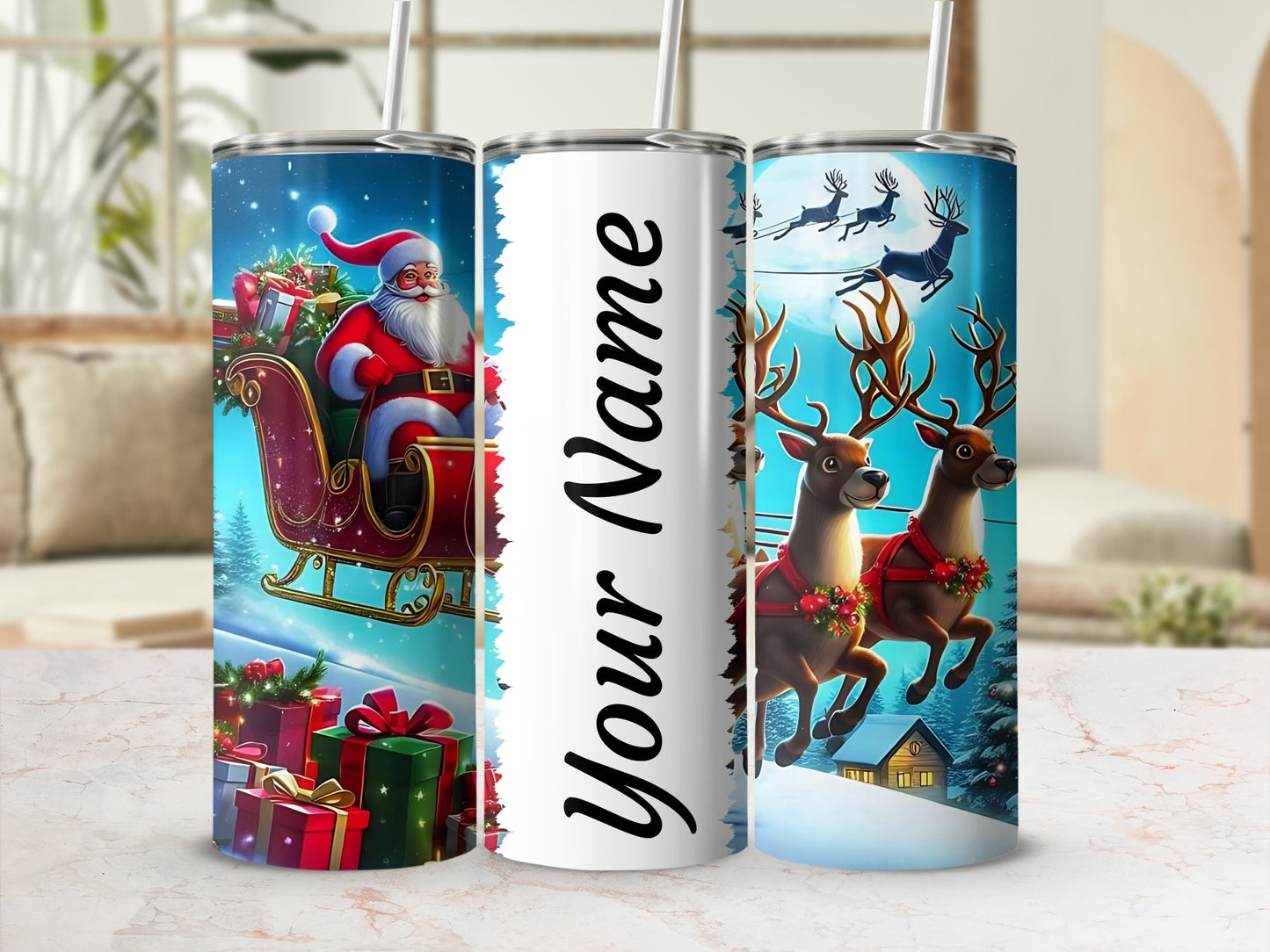 Personalized Santa and Reindeer Christmas Tumbler Cup