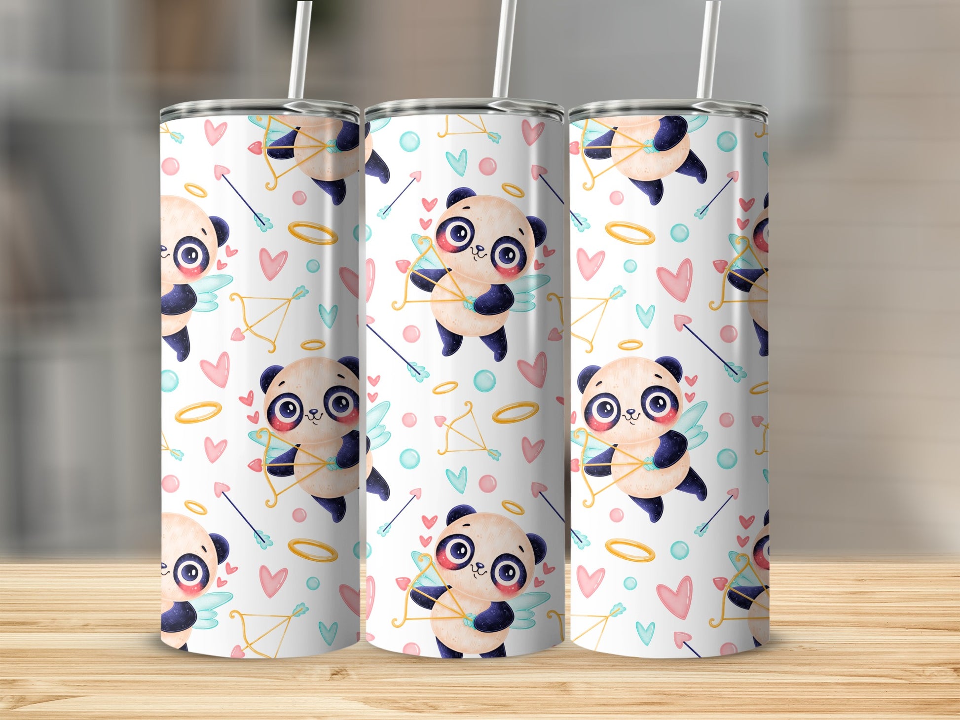 Cute Pandas and Hearts Stainless Steel Tumbler