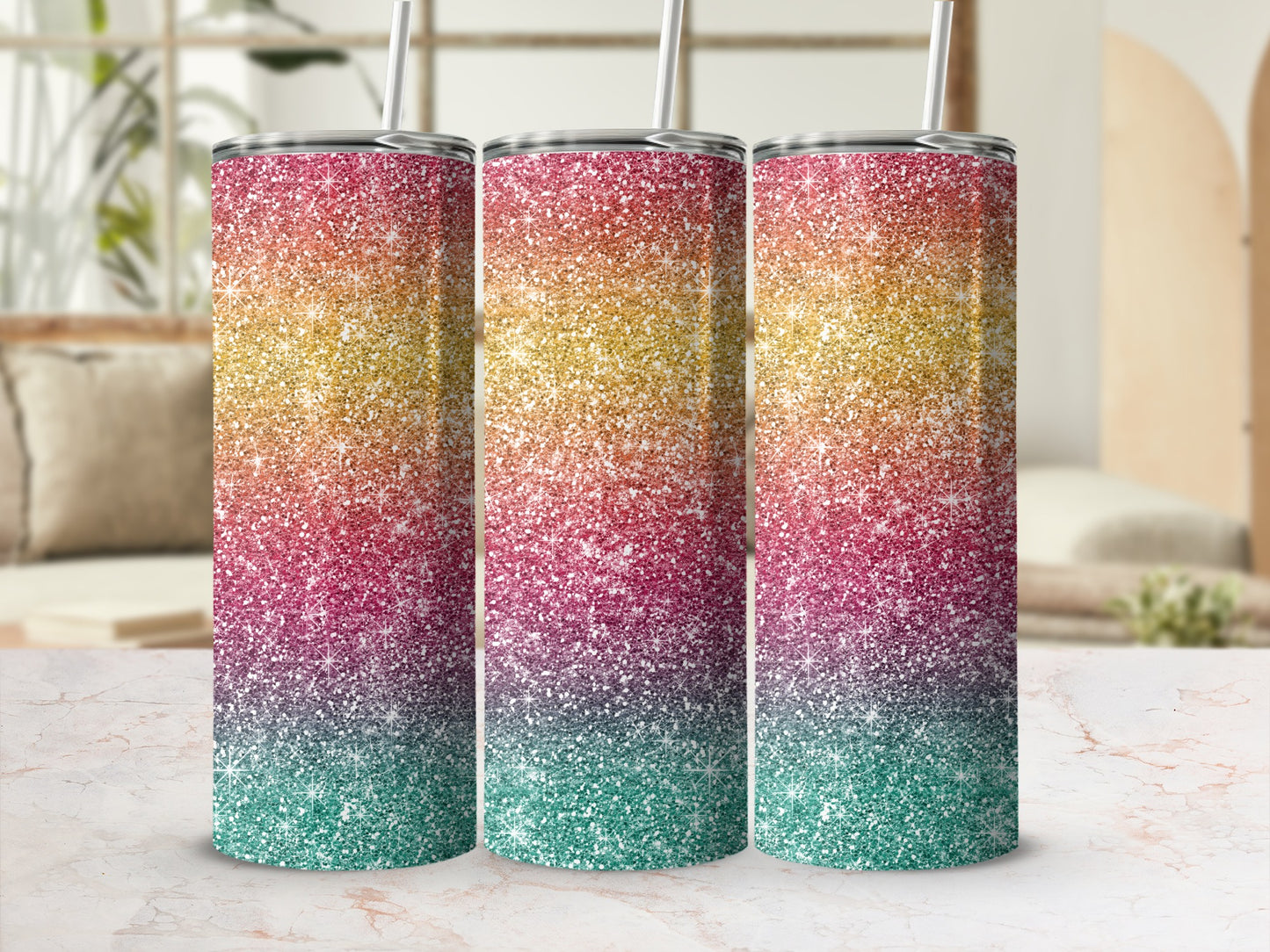 Three glitter tumblers with ombre color gradient from pink to teal.