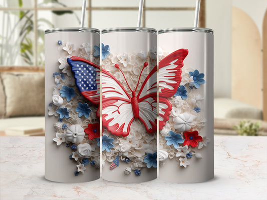 Three tumblers featuring a red, white, and blue butterfly and floral design.