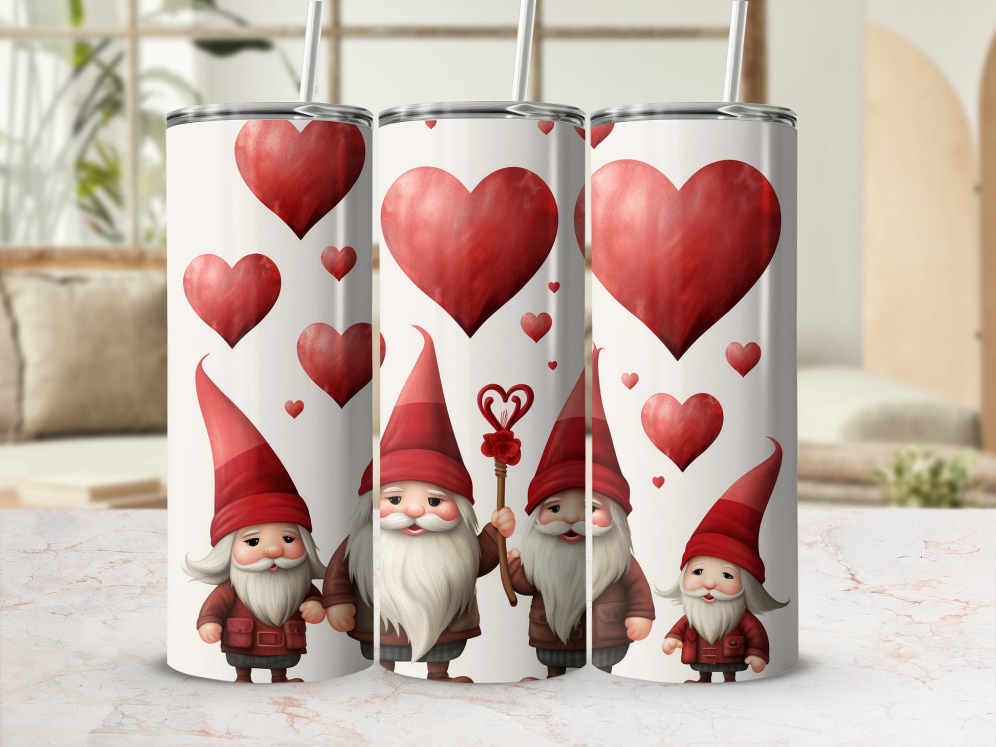Cute Gnome Design with Hearts Stainless Steel Tumbler