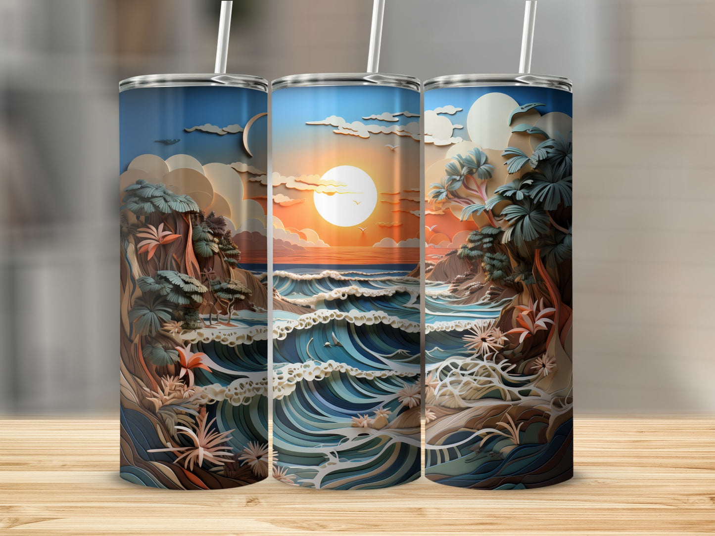 Three tumblers featuring a vibrant sunset over ocean waves and tropical foliage.