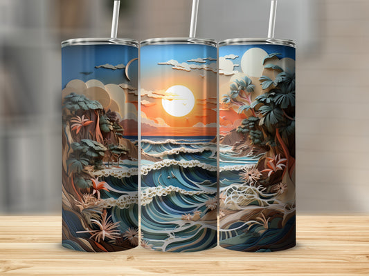 Three tumblers featuring a vibrant sunset over ocean waves and tropical foliage.