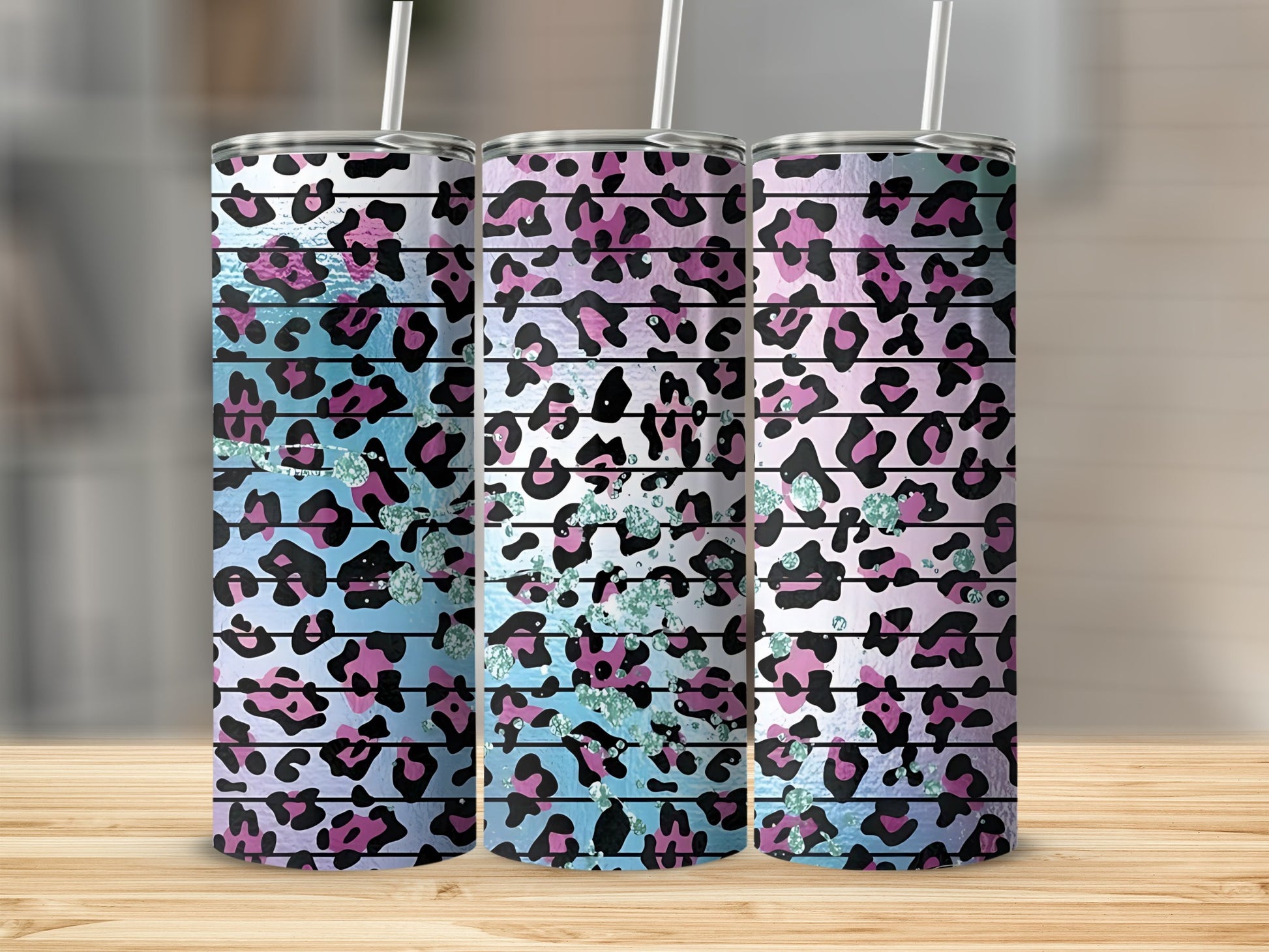 Colorful Leopard Print Tumbler with Straw Travel Cup