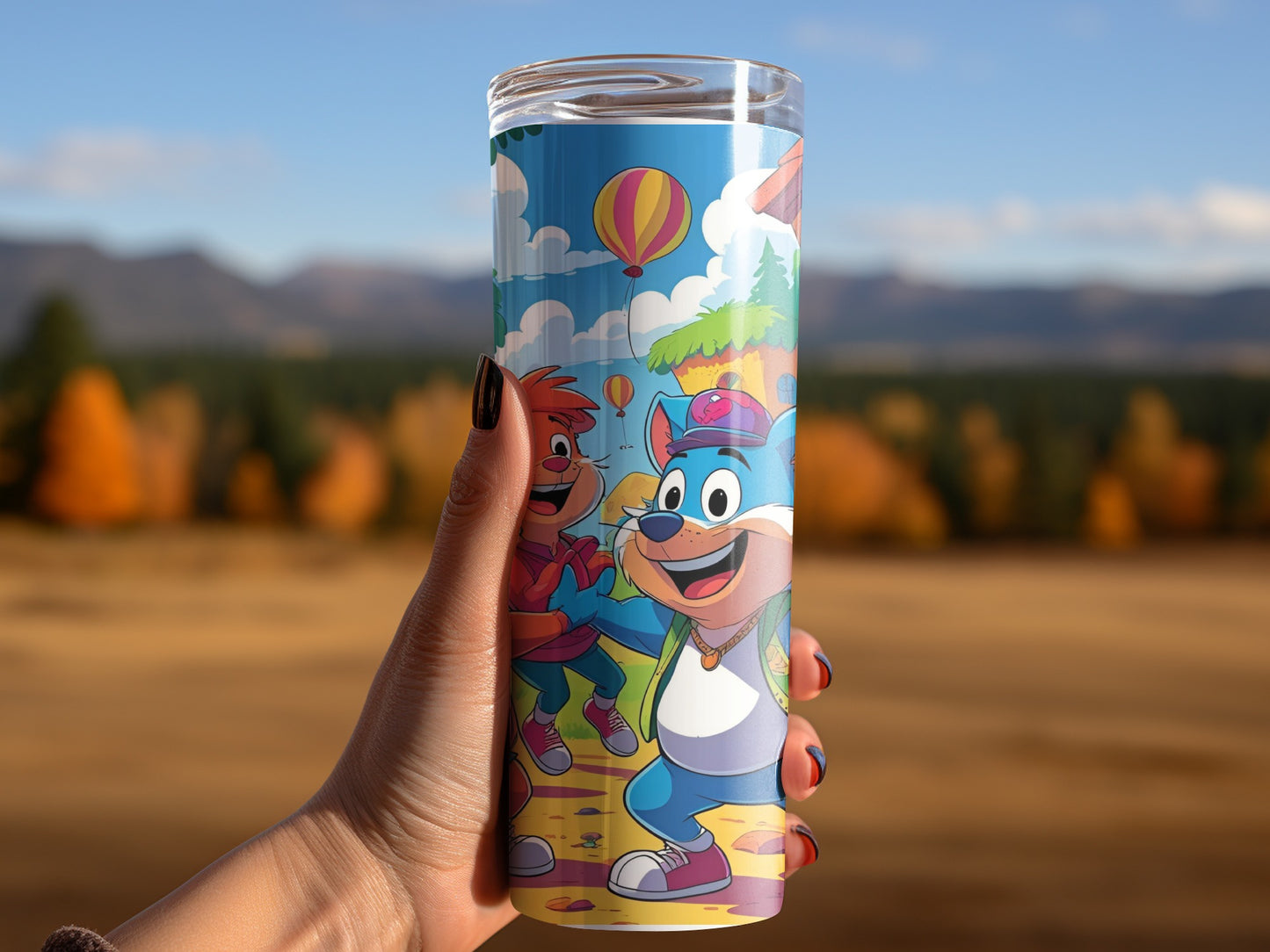 Cartoon Animated Characters Outdoor Scene with Balloons Tumblers