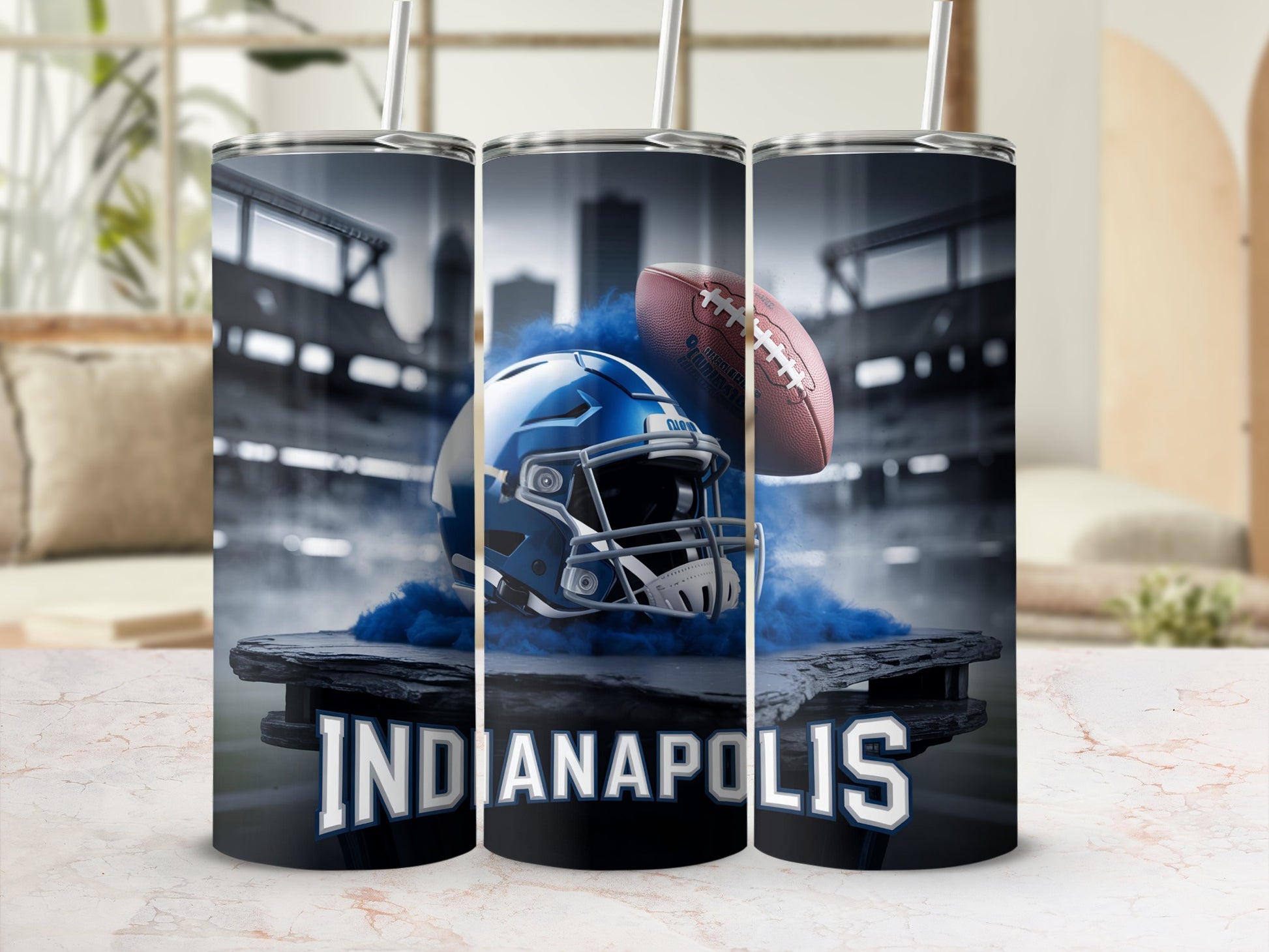 Indianapolis Colts helmet and football with smoke on a stand.
