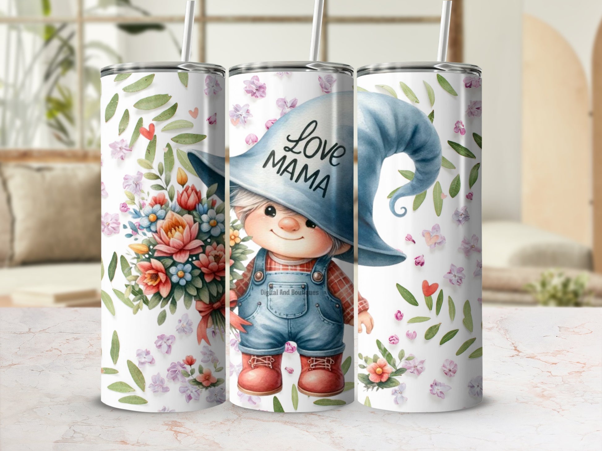 Cute Love Mama Gnome With Floral Pattern Tumbler