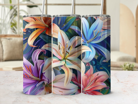 Three tall tumblers with a vibrant floral and leaf design.