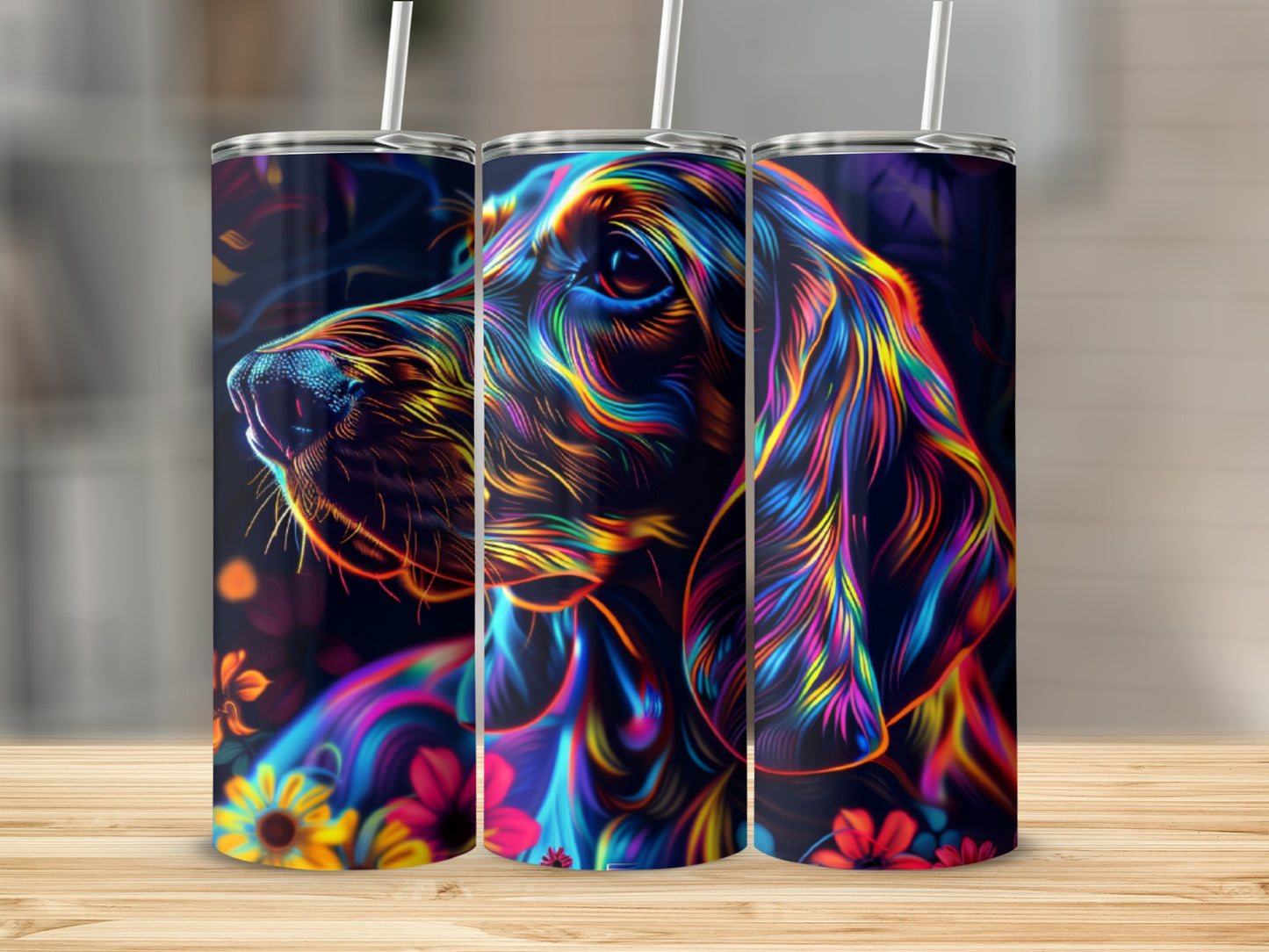Neon dachshund profile with floral accents on a dark background.