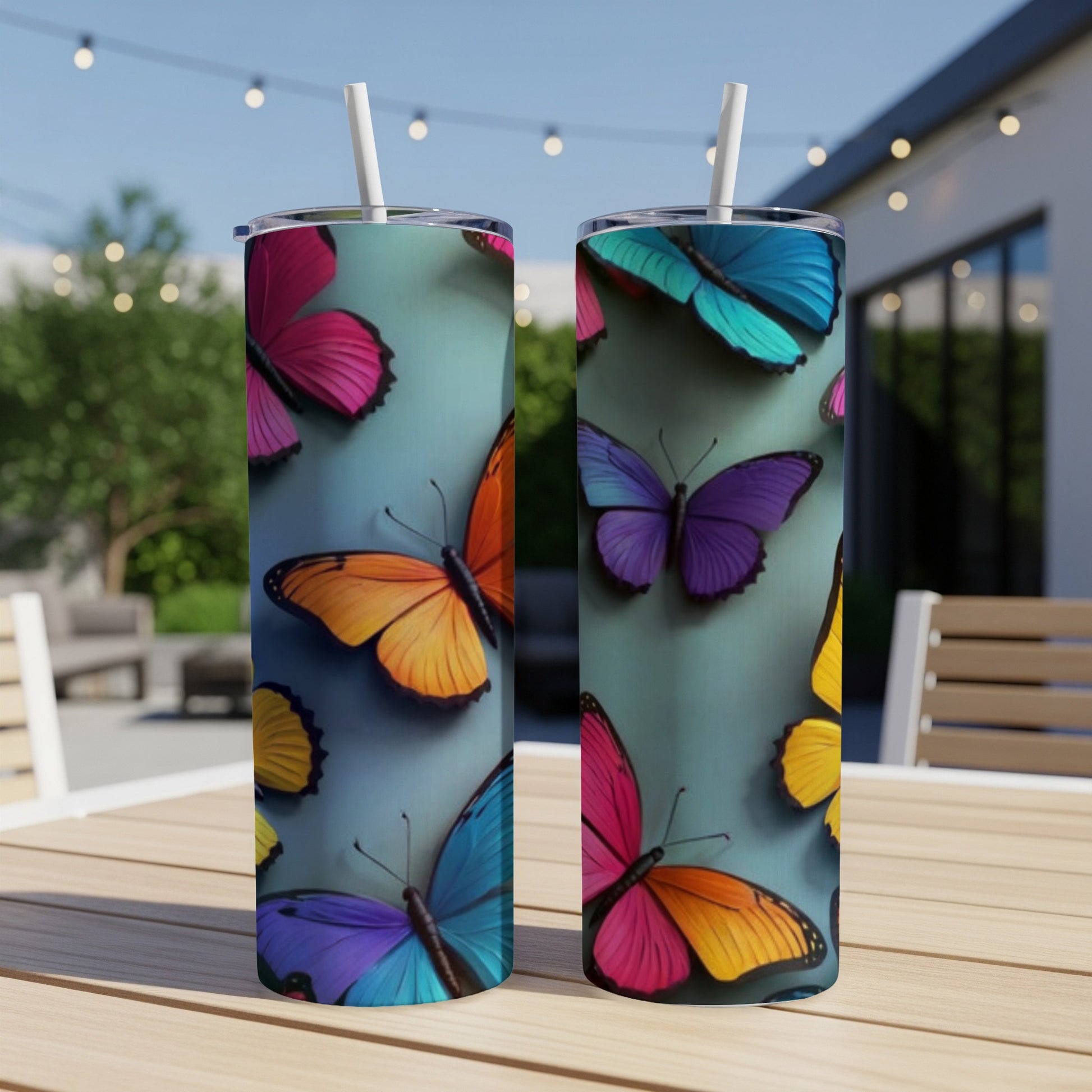 Two colorful tumblers with butterfly designs on a table.