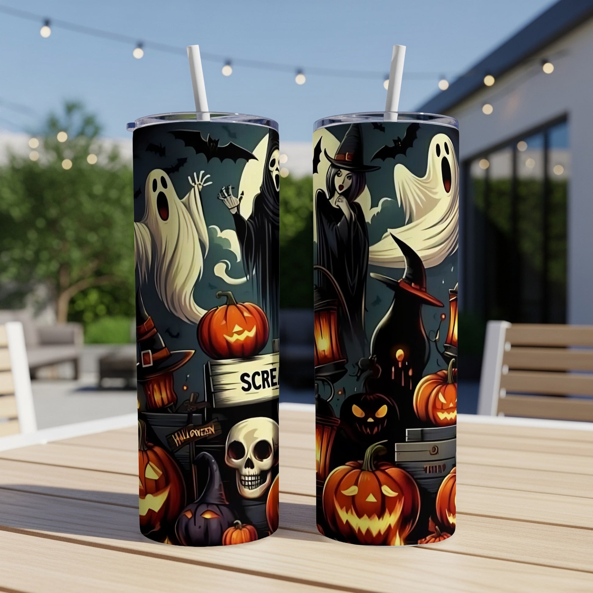 Halloween tumblers with ghosts, pumpkins, witches, and text "Scream" and "Halloween".