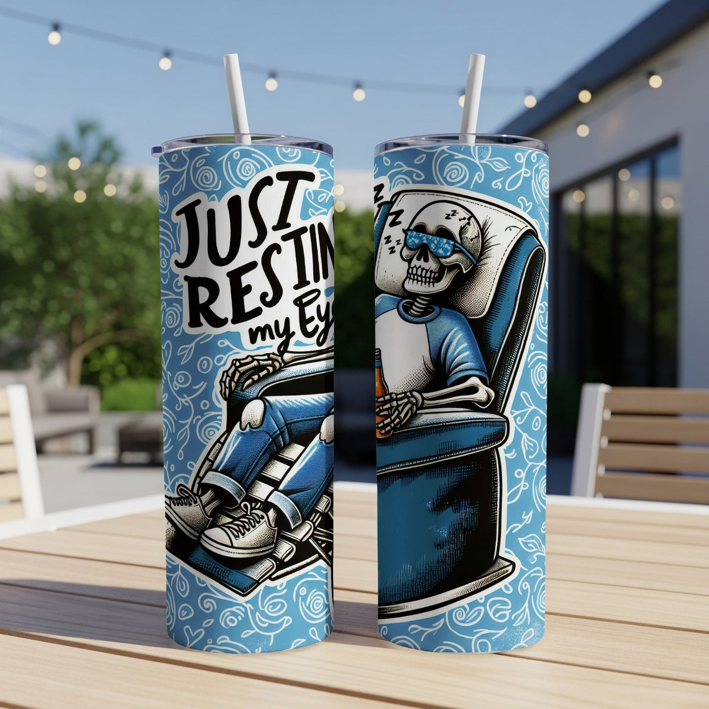Skeleton in armchair with "Just Resting My Eyes" text and bottle.