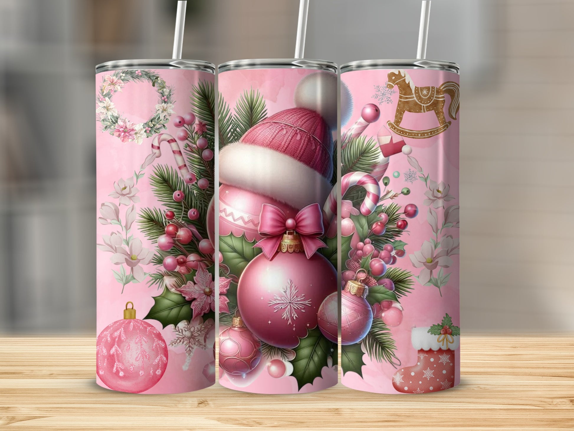 Pink Christmas Themed Tumbler with Festive Designs