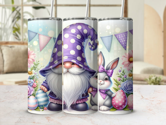 Gnome and bunny with Easter eggs and spring flowers on a tumbler.