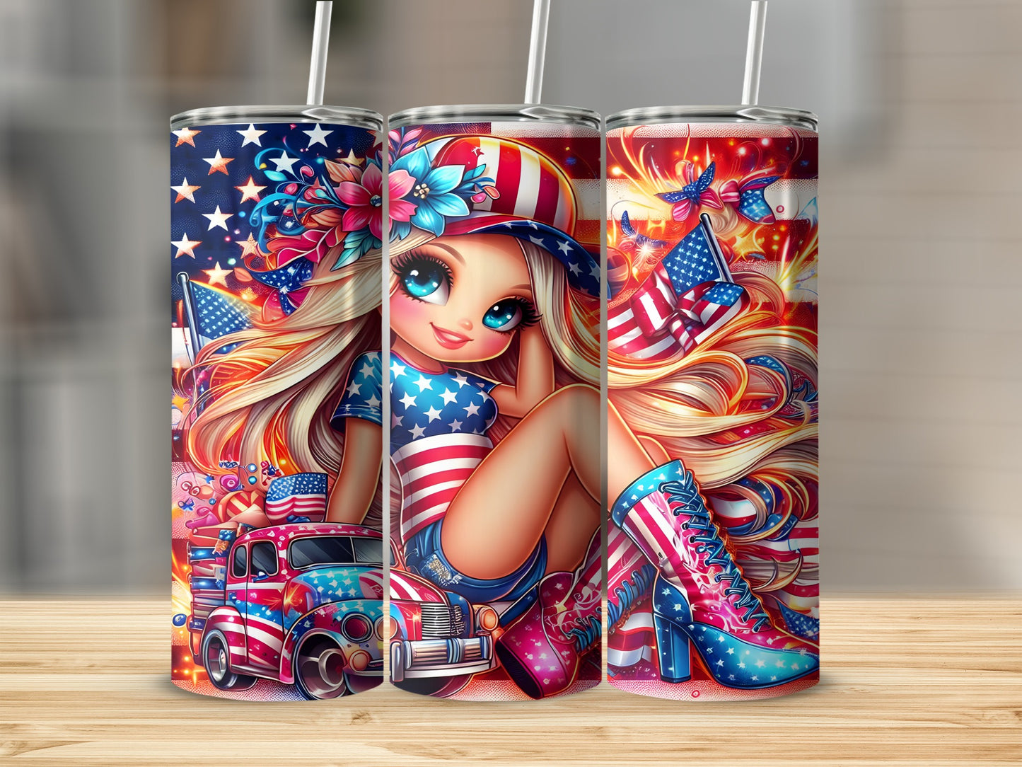 Patriotic tumbler with girl, truck, and fireworks design.
